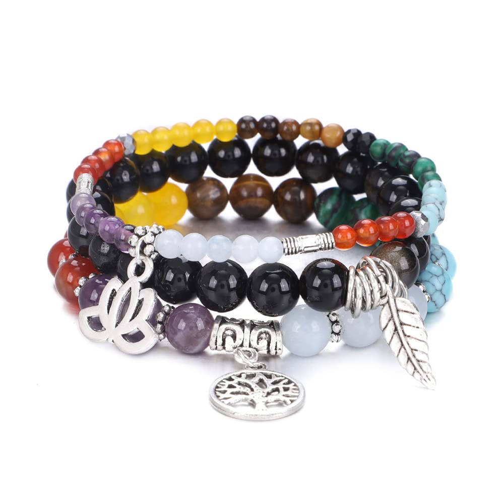 Tree of Life Yoga Healing Stone Bracelets,Multilayer Lotus Chakra Stone Reiki Bracelet Sets,Anxiety Crystal Natural Stone,for Women Stress Relief