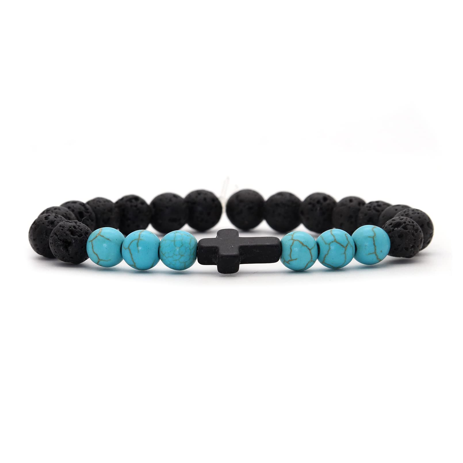 Cross Bead Bracelet: 8mm Volcanic Rock, Turquoise, Tiger's Eye, and Black Jade Bracelet—A Source of Energy and Protection