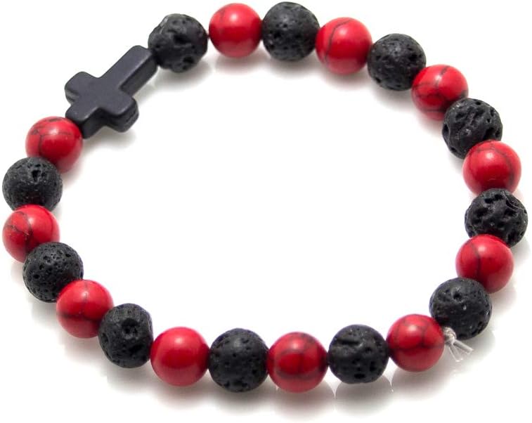 Cross Bead Bracelet: 8mm Volcanic Rock, Turquoise, Tiger's Eye, and Black Jade Bracelet—A Source of Energy and Protection
