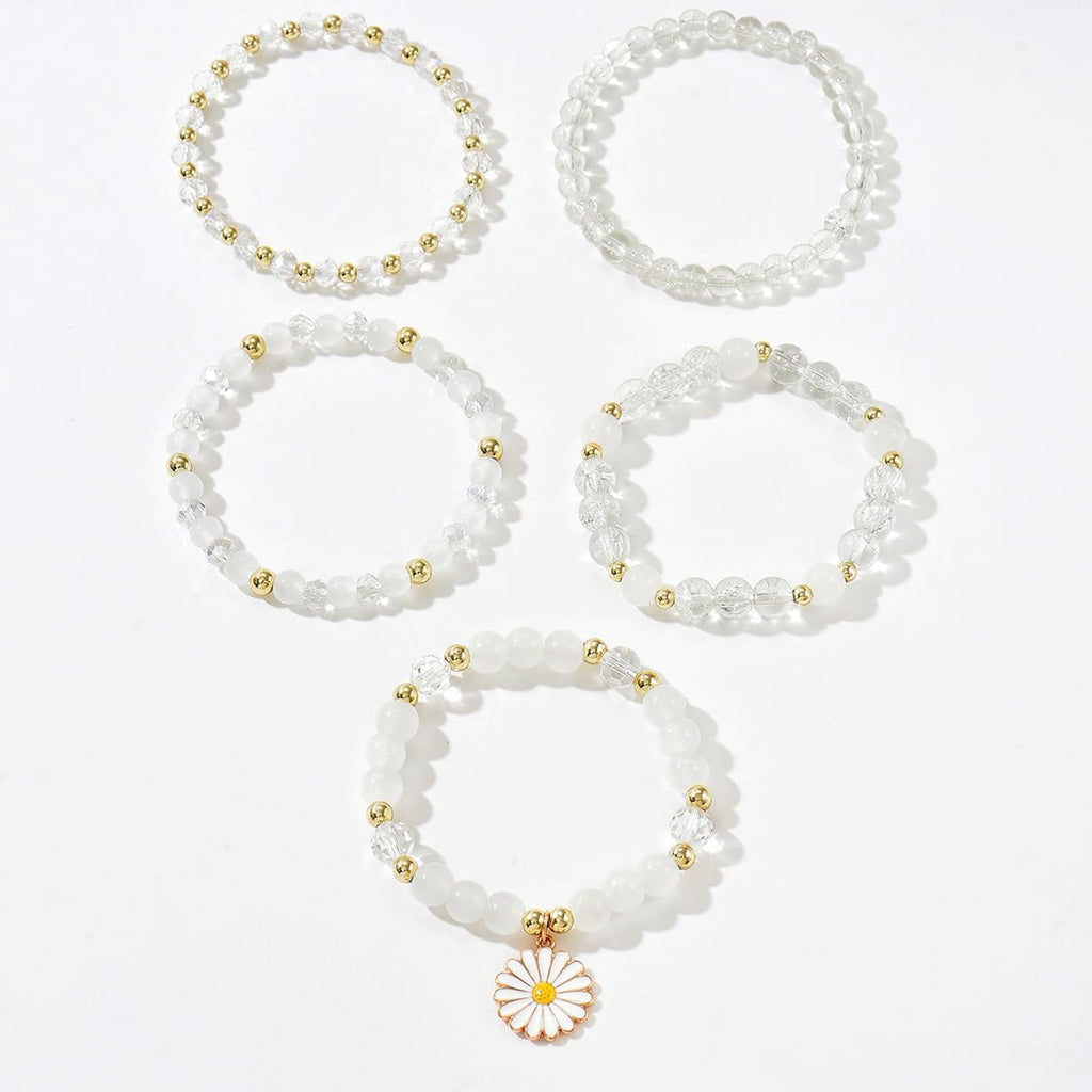 Boho Flower Beaded Bracelet Set for Women - Multilayer Crystal & Flower Charm Stackable Bracelets, Fashion Jewelry Gift for Her