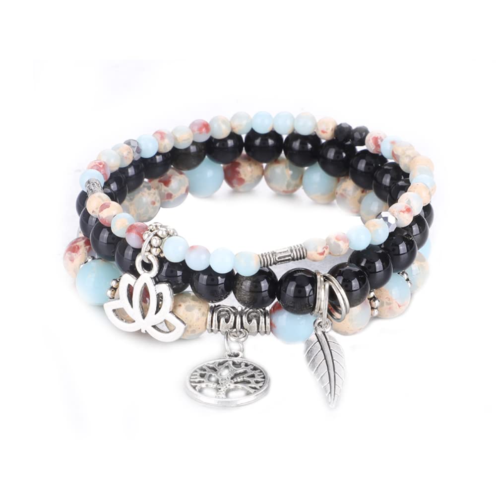 Tree of Life Yoga Healing Stone Bracelets,Multilayer Lotus Chakra Stone Reiki Bracelet Sets,Anxiety Crystal Natural Stone,for Women Stress Relief