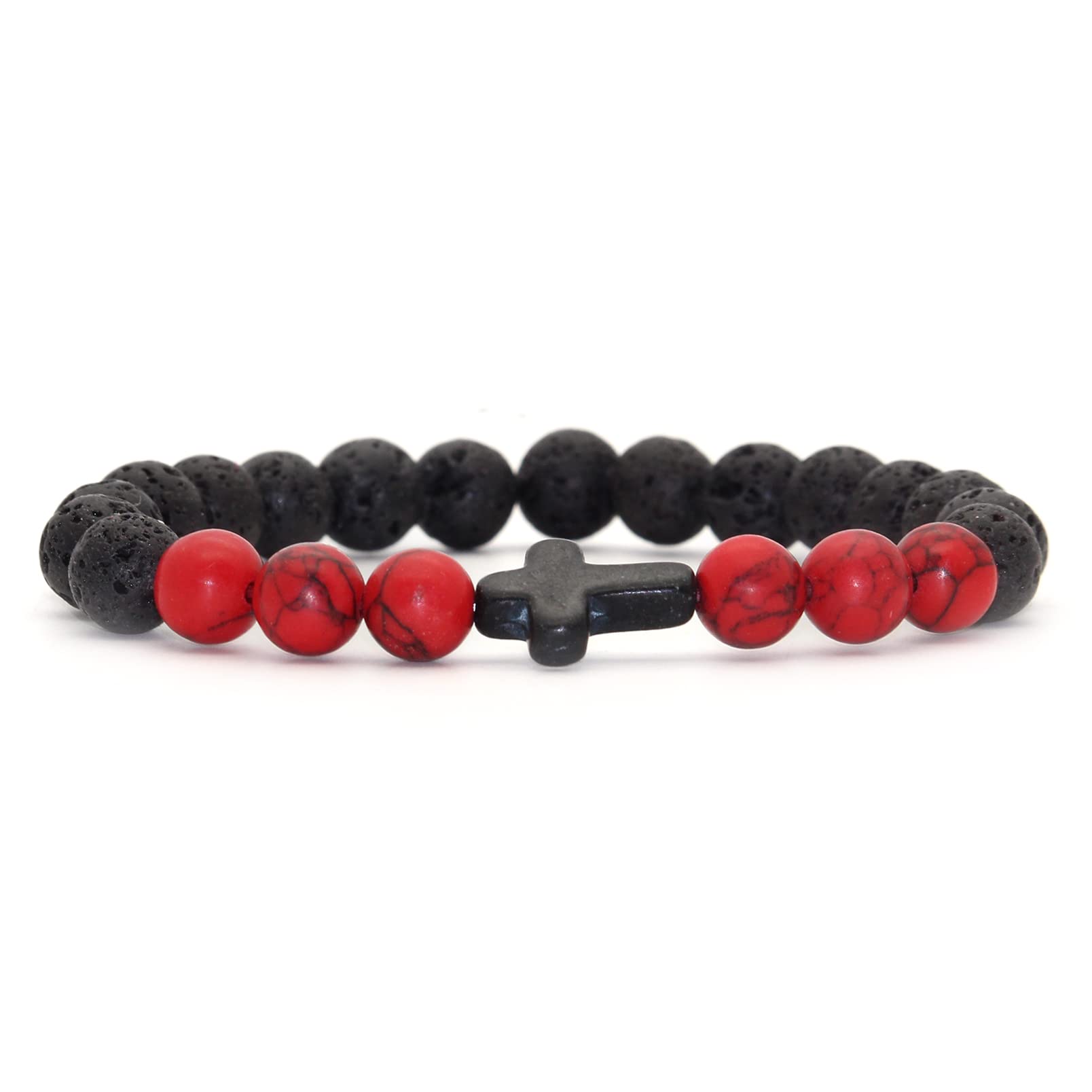 Cross Bead Bracelet: 8mm Volcanic Rock, Turquoise, Tiger's Eye, and Black Jade Bracelet—A Source of Energy and Protection