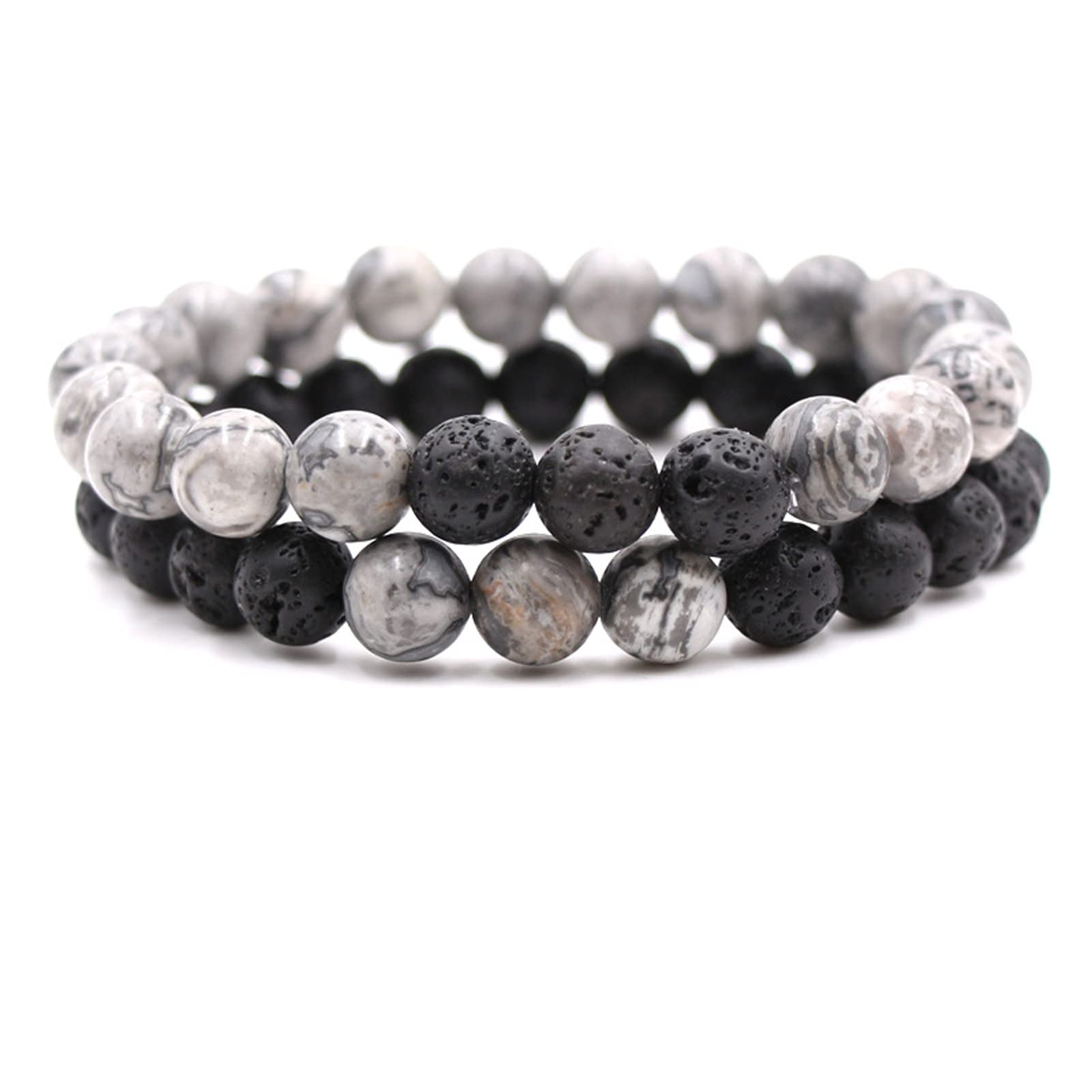2-Piece Set: Matte Lava Stone Bead Stretch Bracelets, Energy Yoga Bracelets, Couple's Set, Stress Relief, Healing, Aromatherapy Jewelry
