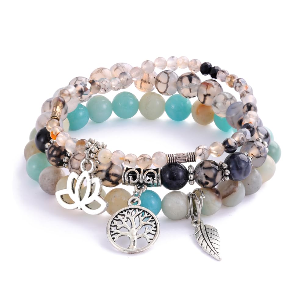 Tree of Life Yoga Healing Stone Bracelets,Multilayer Lotus Chakra Stone Reiki Bracelet Sets,Anxiety Crystal Natural Stone,for Women Stress Relief
