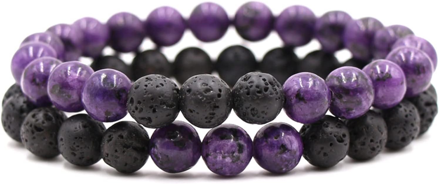 2-Piece Set: Matte Lava Stone Bead Stretch Bracelets, Energy Yoga Bracelets, Couple's Set, Stress Relief, Healing, Aromatherapy Jewelry