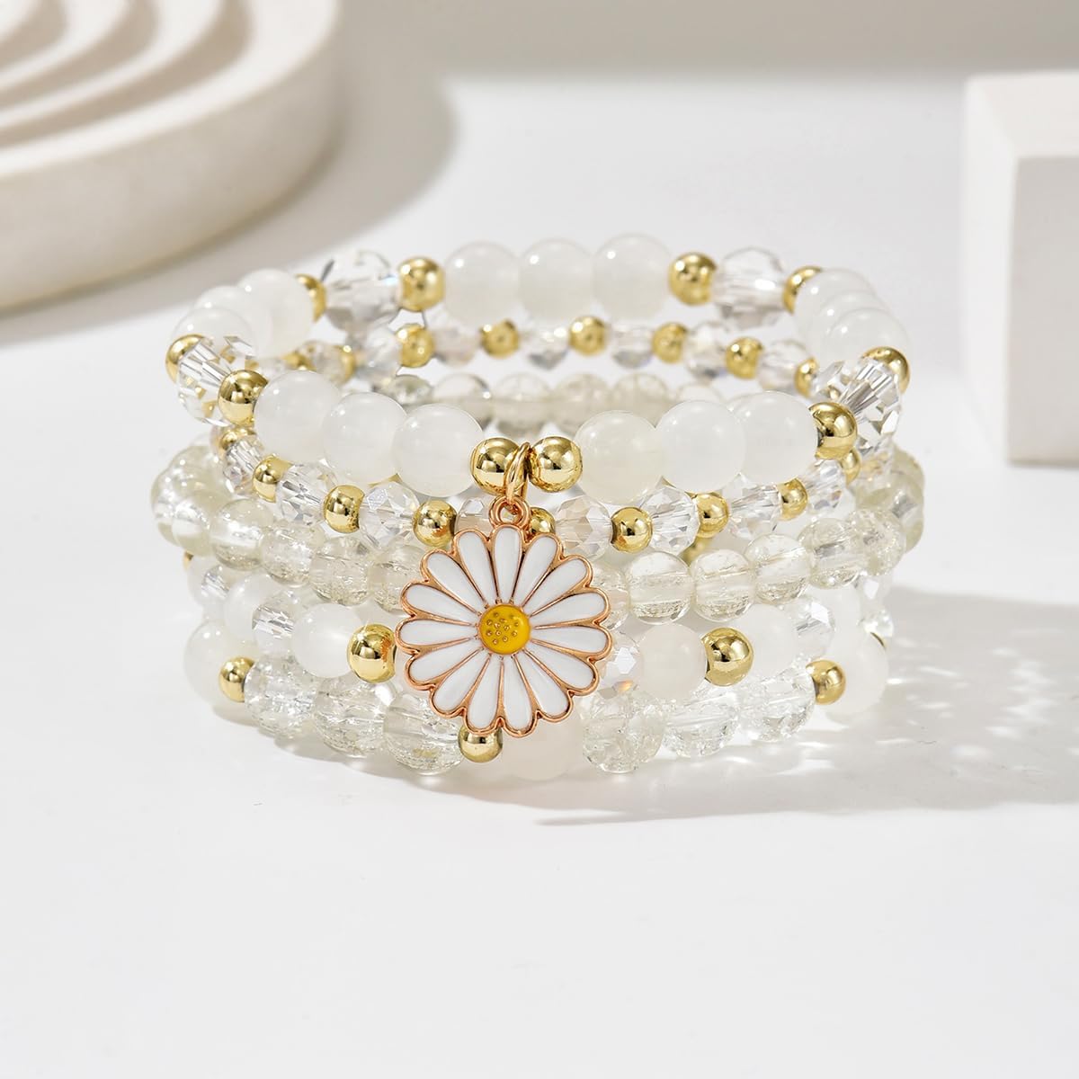 Boho Flower Beaded Bracelet Set for Women - Multilayer Crystal & Flower Charm Stackable Bracelets, Fashion Jewelry Gift for Her