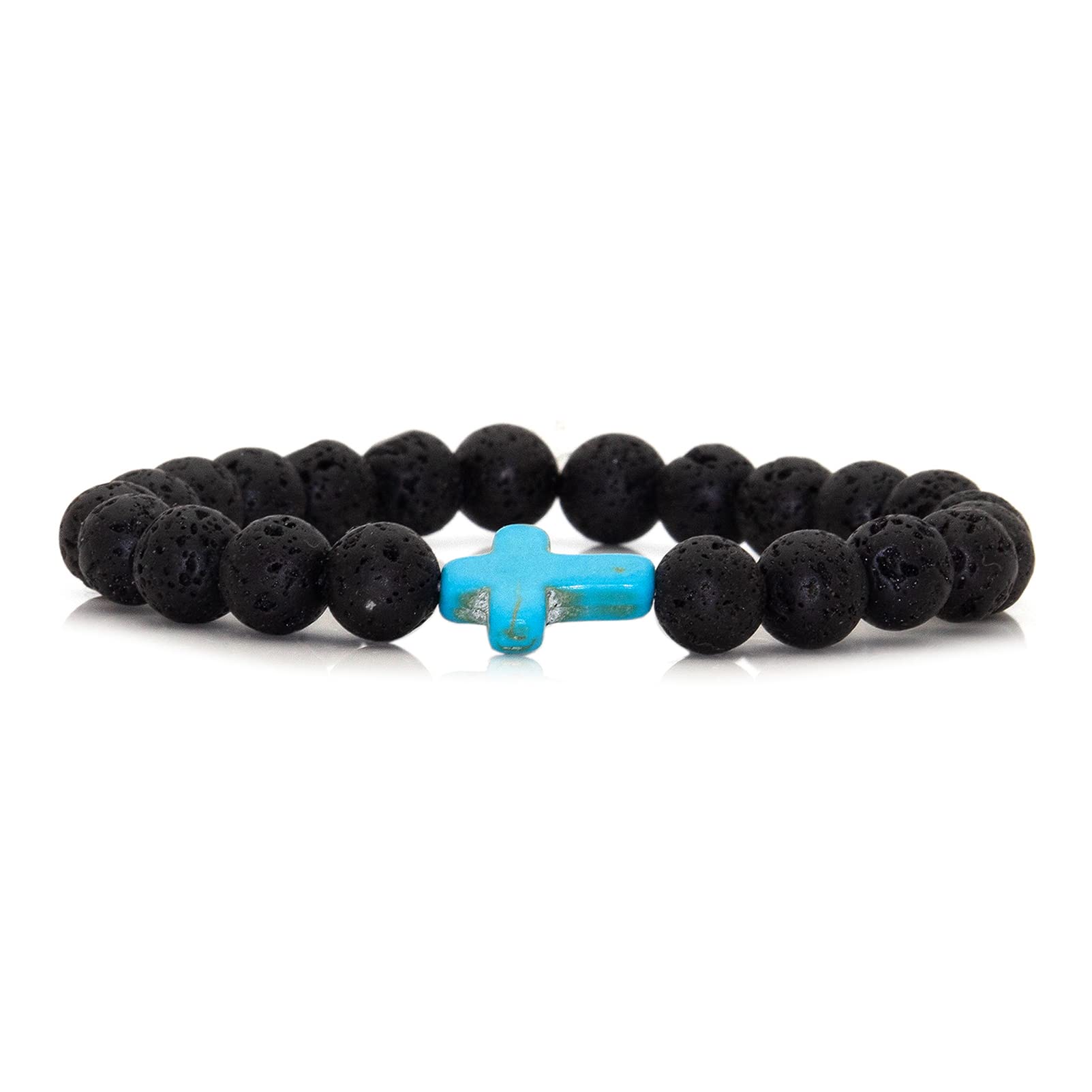 Cross Bead Bracelet: 8mm Volcanic Rock, Turquoise, Tiger's Eye, and Black Jade Bracelet—A Source of Energy and Protection