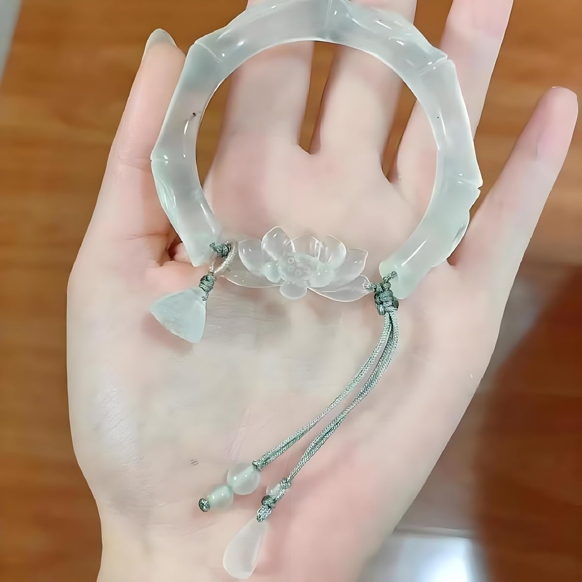 Handcrafted Lotus Knot Resin Bracelet with Tassel, Light Green, Adjustable Chinese style, good luck, feng shui bracelet, ladies' birthday gift Banquet/Christmas Gift/New Year gift/Valentine's Day gift