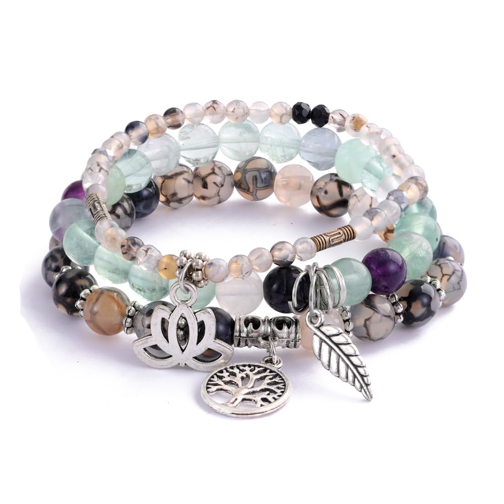 Tree of Life Yoga Healing Stone Bracelets,Multilayer Lotus Chakra Stone Reiki Bracelet Sets,Anxiety Crystal Natural Stone,for Women Stress Relief
