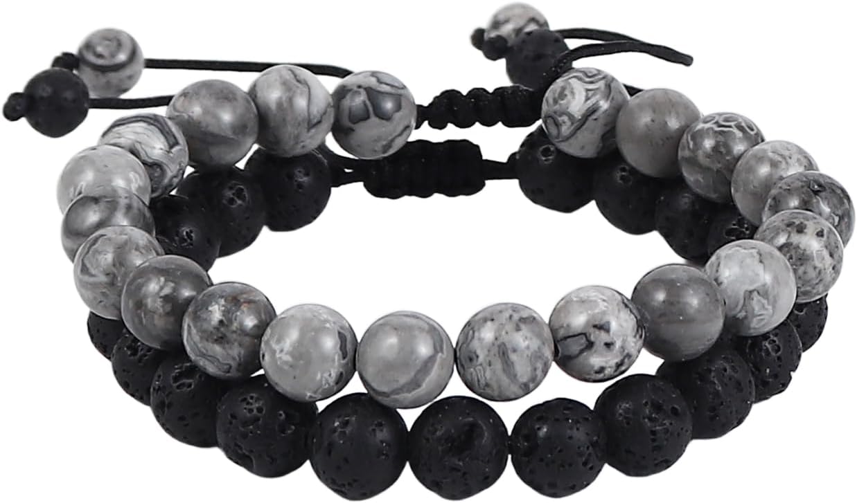 2-Piece Set: Matte Lava Stone Bead Stretch Bracelets, Energy Yoga Bracelets, Couple's Set, Stress Relief, Healing, Aromatherapy Jewelry