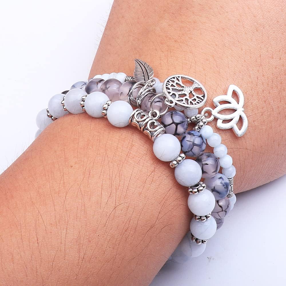 Tree of Life Yoga Healing Stone Bracelets,Multilayer Lotus Chakra Stone Reiki Bracelet Sets,Anxiety Crystal Natural Stone,for Women Stress Relief