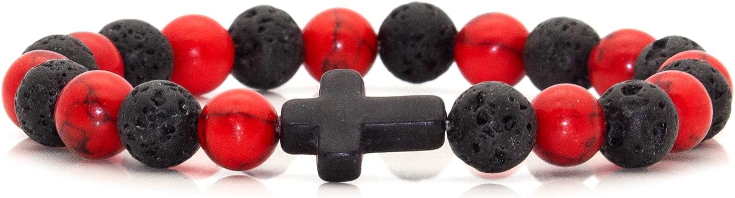 Cross Bead Bracelet: 8mm Volcanic Rock, Turquoise, Tiger's Eye, and Black Jade Bracelet—A Source of Energy and Protection