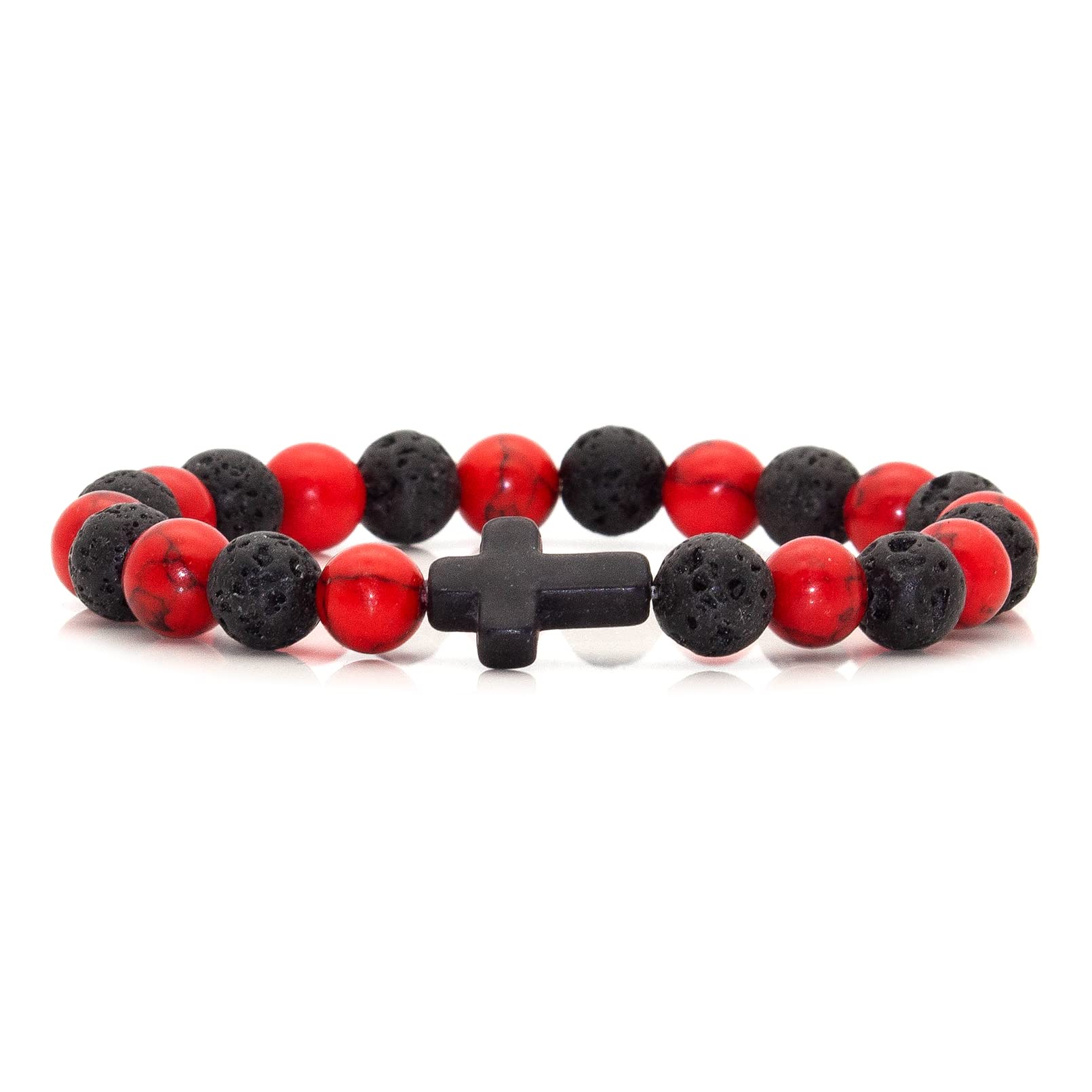 Cross Bead Bracelet: 8mm Volcanic Rock, Turquoise, Tiger's Eye, and Black Jade Bracelet—A Source of Energy and Protection