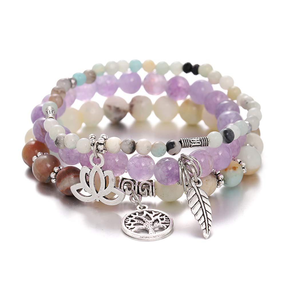 Tree of Life Yoga Healing Stone Bracelets,Multilayer Lotus Chakra Stone Reiki Bracelet Sets,Anxiety Crystal Natural Stone,for Women Stress Relief