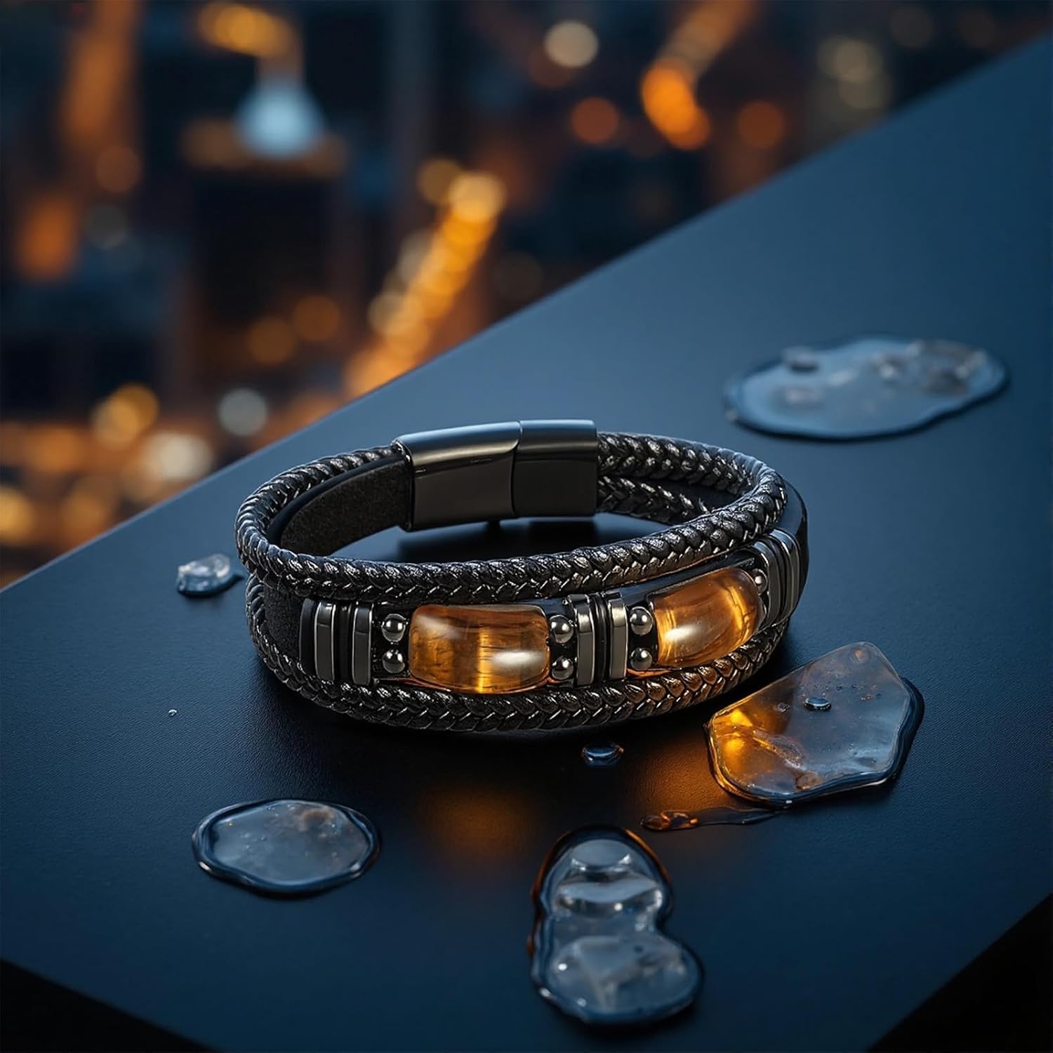 Tiger Eye Black Leather Bracelet Men Natural Tiger Eye Gemstone Crystal Stone Jewelry Handmade Courage And Stress Relief Protection Bracelet