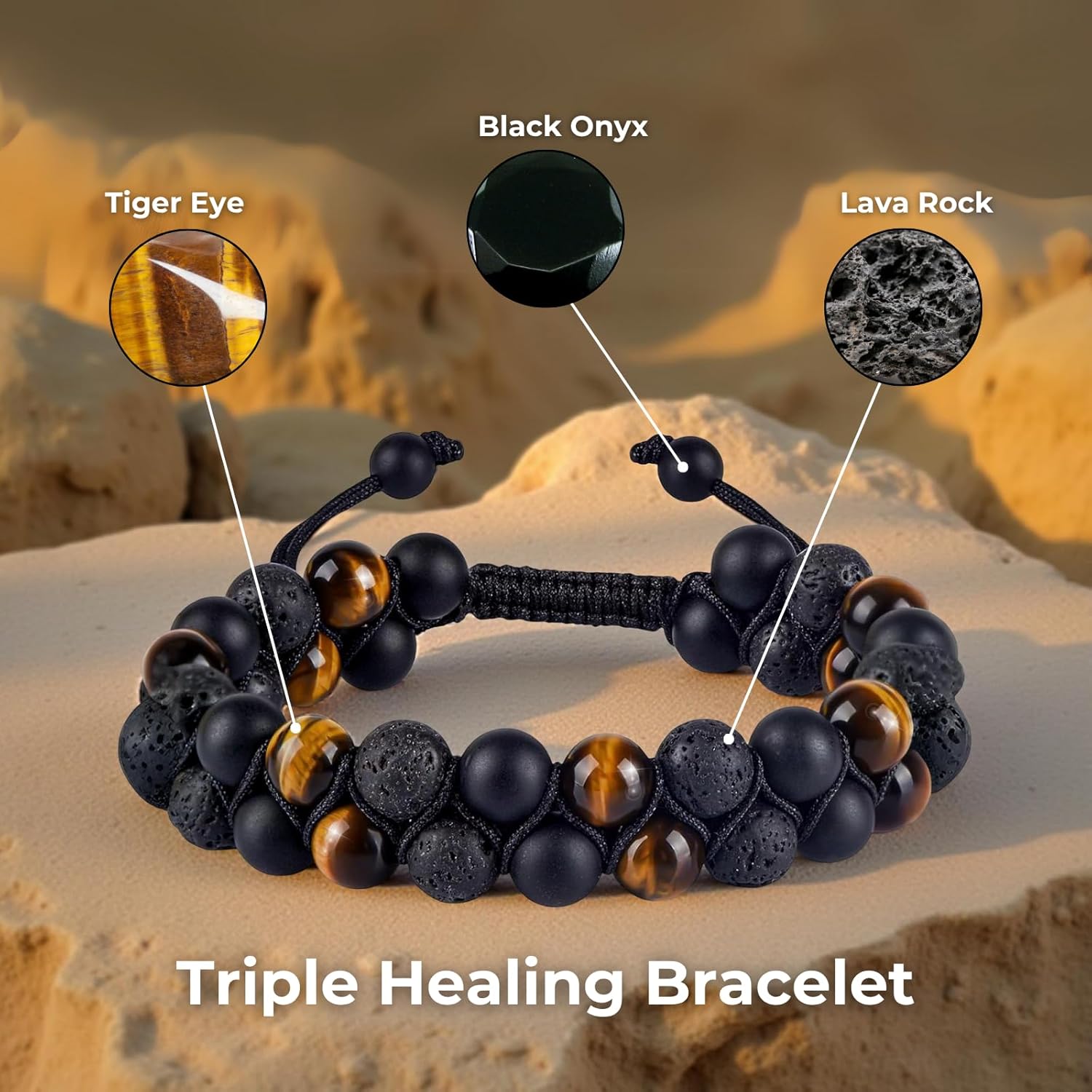 Volcanic Rock, Black Onyx, and Tiger's Eye 8mm Natural Stone Beads | An energy bracelet to help you stay grounded, boost your confidence, attract wealth and good fortune, and relieve stress