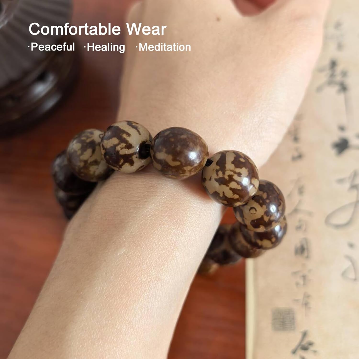 Natural Amber Bodhi Bracelets for Yoga, Meditation, Healing, 15mm Round Beads Handmade Stretch Bracelet 6.5-7"