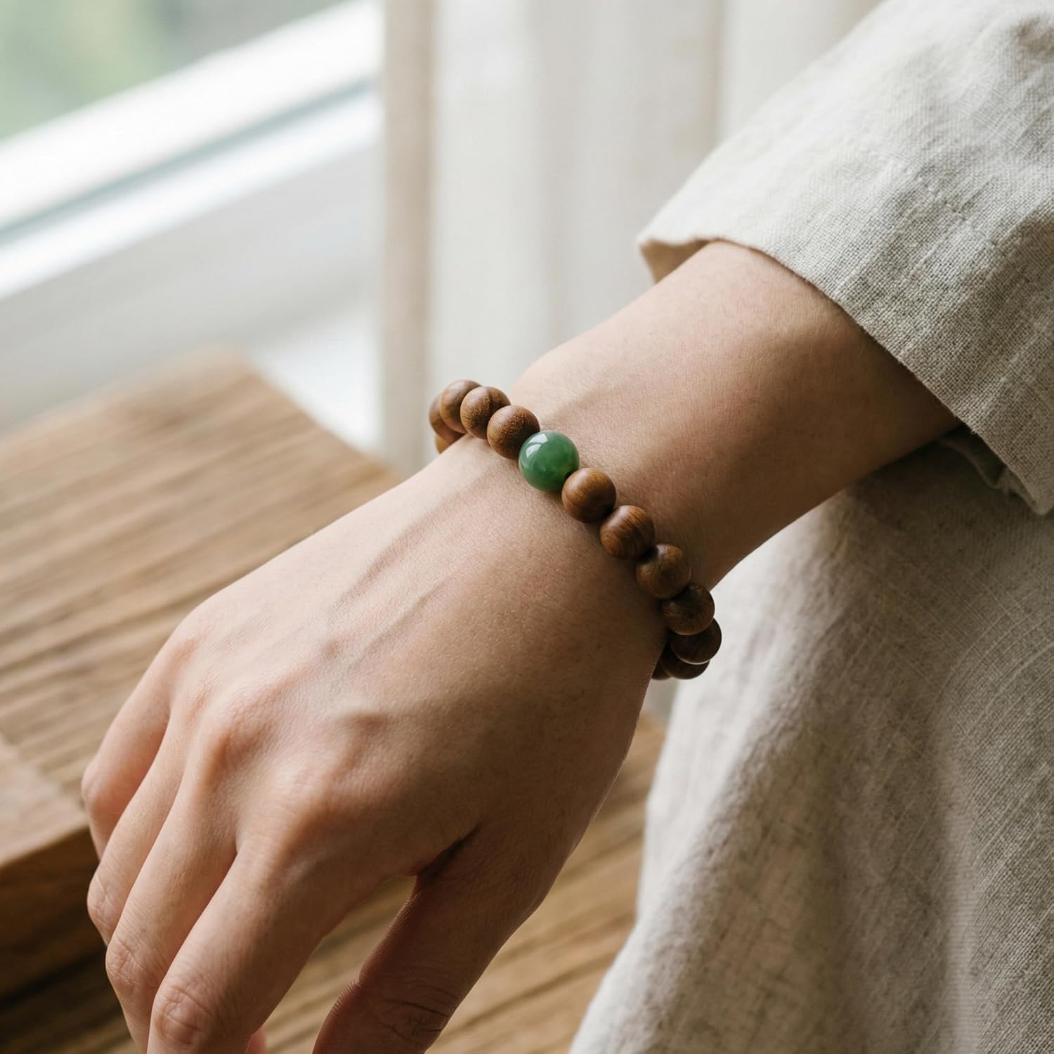 Buddhist Prayer Beads, Meditation Mala Bracelet, Unisex Wooden Wristband, Handmade Golden Nanmu Rosary,