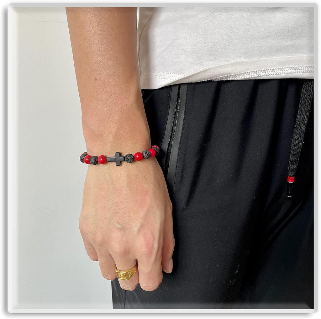 Cross Bead Bracelet: 8mm Volcanic Rock, Turquoise, Tiger's Eye, and Black Jade Bracelet—A Source of Energy and Protection