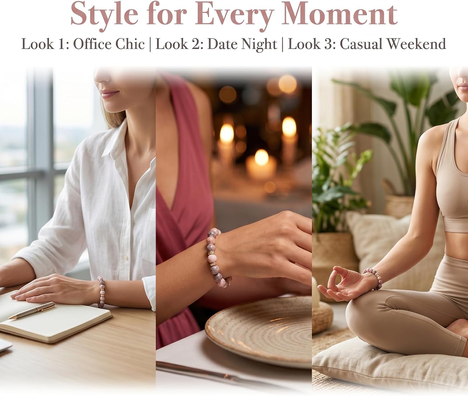 Healing Bead Bracelet—A rose quartz and chakra crystal bracelet that helps relieve anxiety and reduce stress; this soothing, stretchy bracelet calms both body and mind, making it perfect for yoga, meditation, and everyday wear