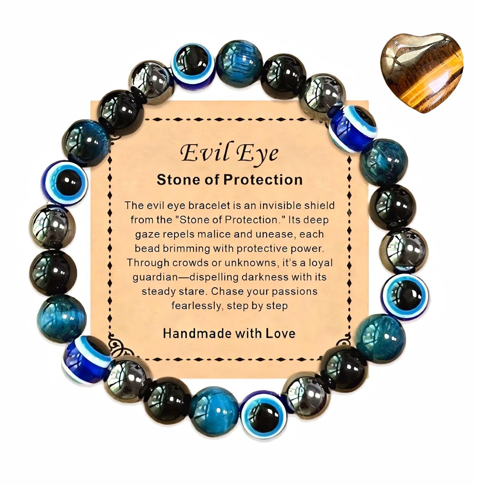 Crystal healing stones, protective eye bracelets, tiger's eye, obsidian, hematite bracelets