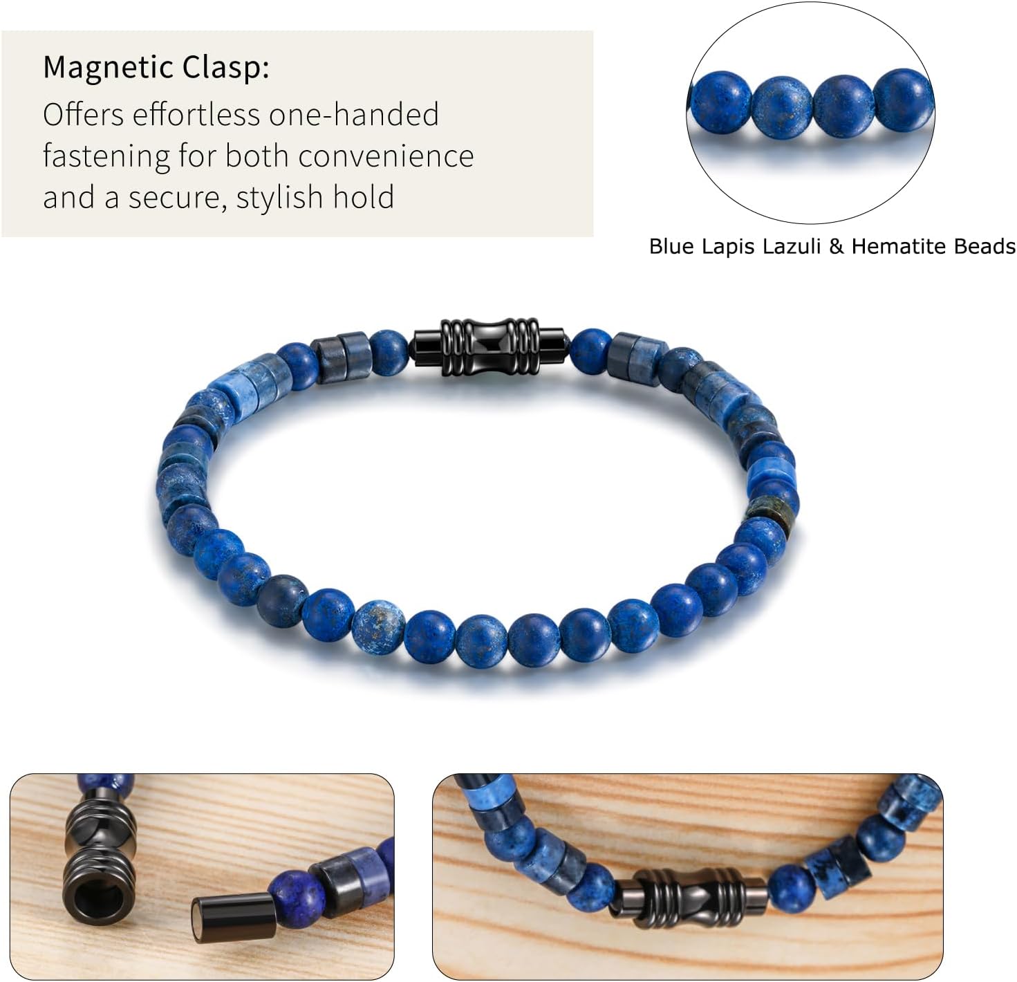 Beaded Bracelets for Men Women Hematite  Lapis Lazuli Mens Bracelet Gemstone Jewelry for Him