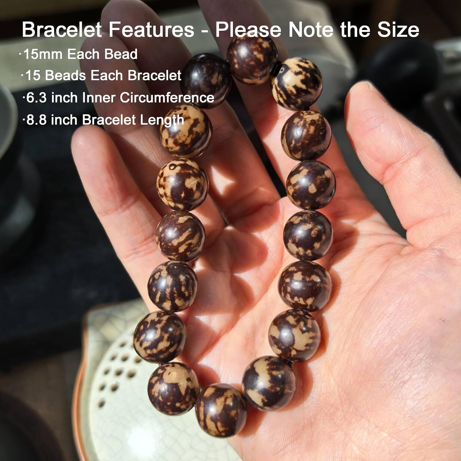 Natural Amber Bodhi Bracelets for Yoga, Meditation, Healing, 15mm Round Beads Handmade Stretch Bracelet 6.5-7"