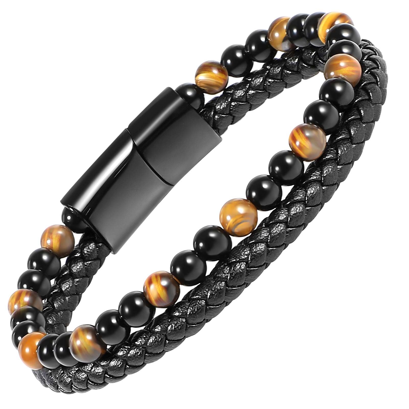 Tiger Eye Black Leather Bracelet Men Natural Tiger Eye Gemstone Crystal Stone Jewelry Handmade Courage And Stress Relief Protection Bracelet