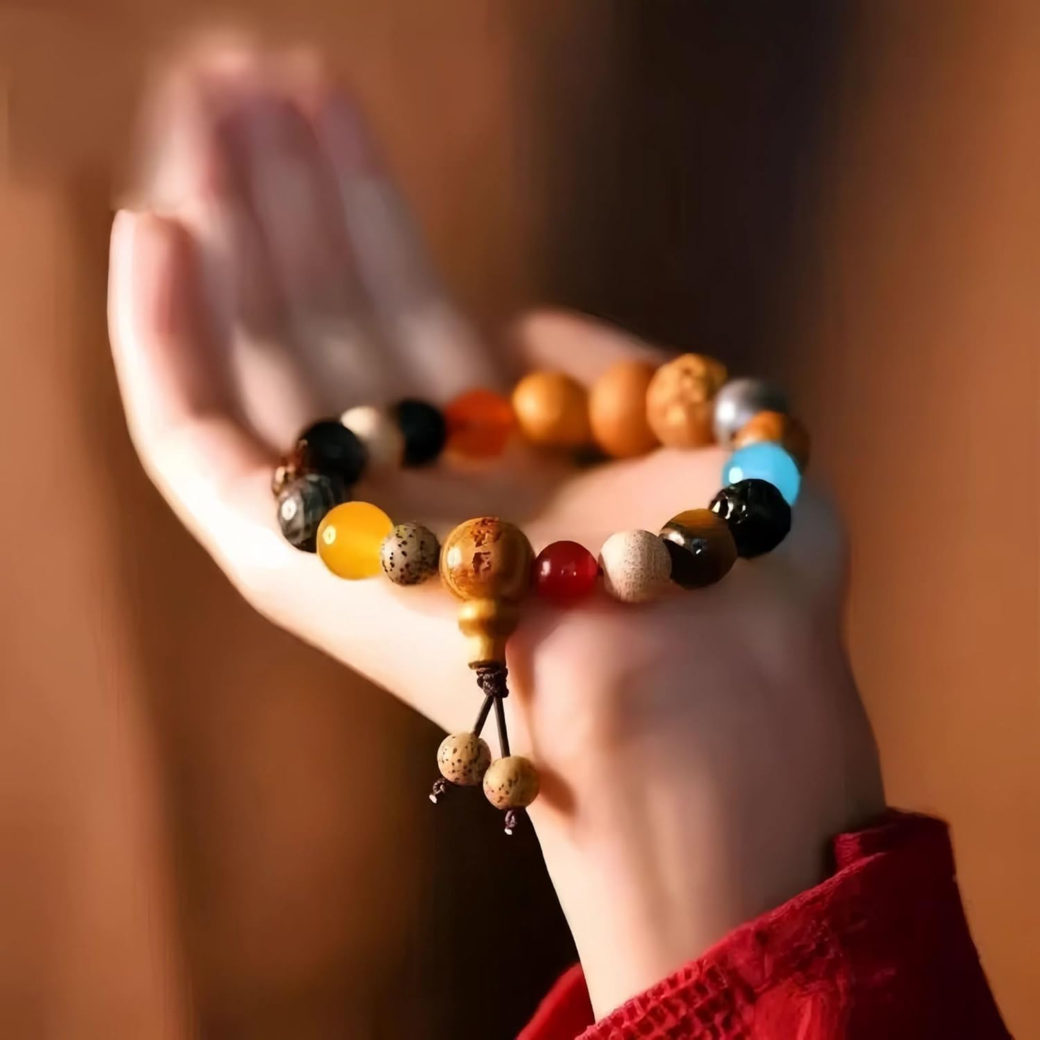 Handmade 18-Bead Bodhi Bracelet with Natural Crystals Chakra Balancing Feng Shui Jewelry for Meditation, Positive Energy & Spiritual Protection,