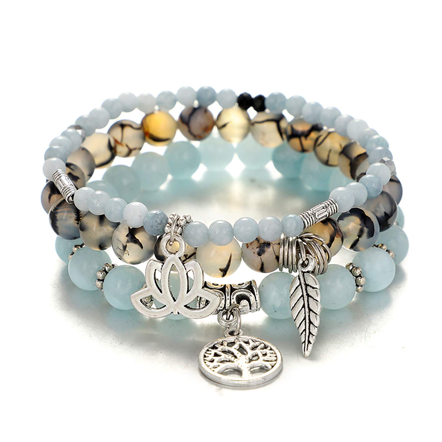 Tree of Life Yoga Healing Stone Bracelets,Multilayer Lotus Chakra Stone Reiki Bracelet Sets,Anxiety Crystal Natural Stone,for Women Stress Relief