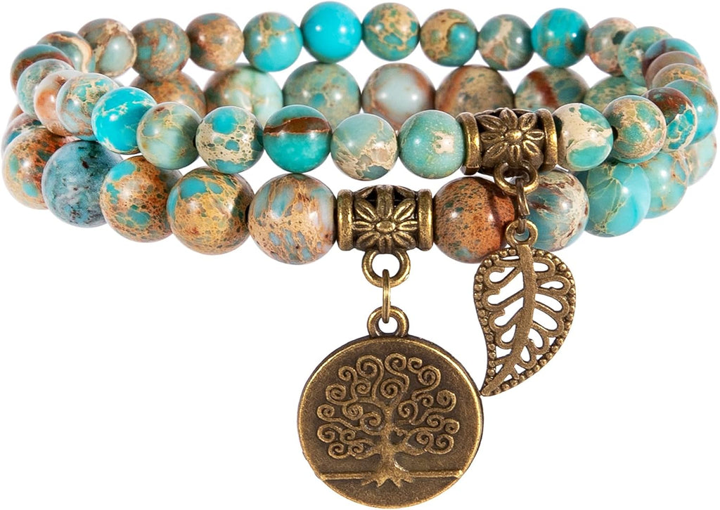 Natural Semi-Precious Stone Bead Bracelet — Tree of Life and Leaf Charm Energy and Reiki Crystal Stretch Bracelet