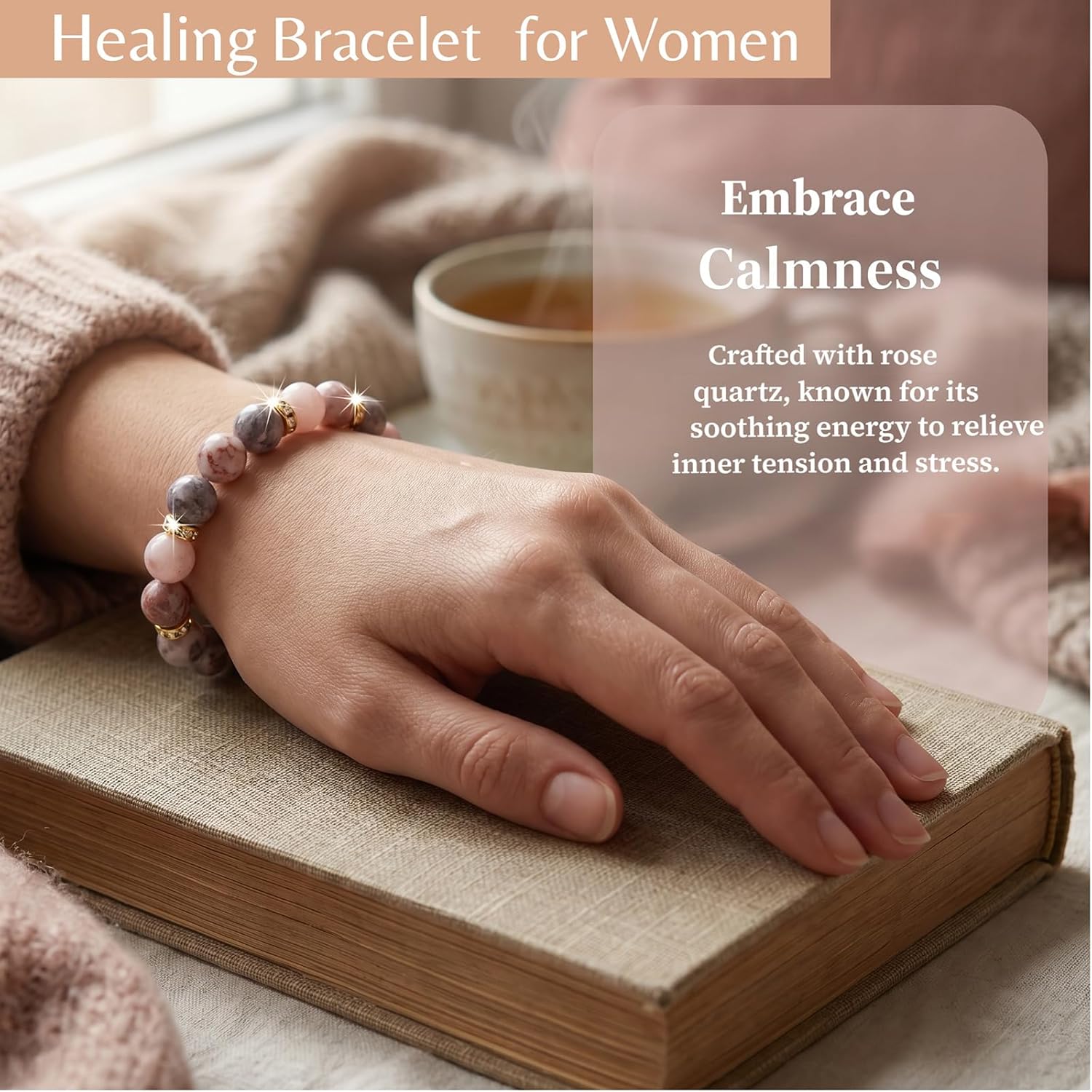 Healing Bead Bracelet—A rose quartz and chakra crystal bracelet that helps relieve anxiety and reduce stress; this soothing, stretchy bracelet calms both body and mind, making it perfect for yoga, meditation, and everyday wear