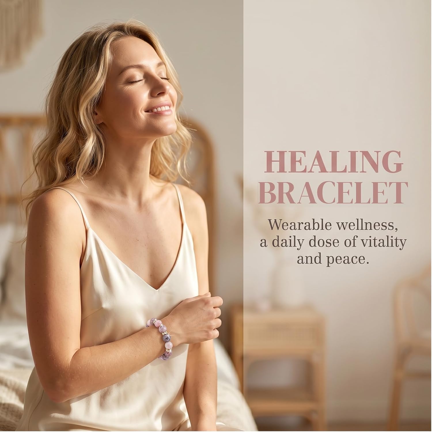 Healing Bead Bracelet—A rose quartz and chakra crystal bracelet that helps relieve anxiety and reduce stress; this soothing, stretchy bracelet calms both body and mind, making it perfect for yoga, meditation, and everyday wear