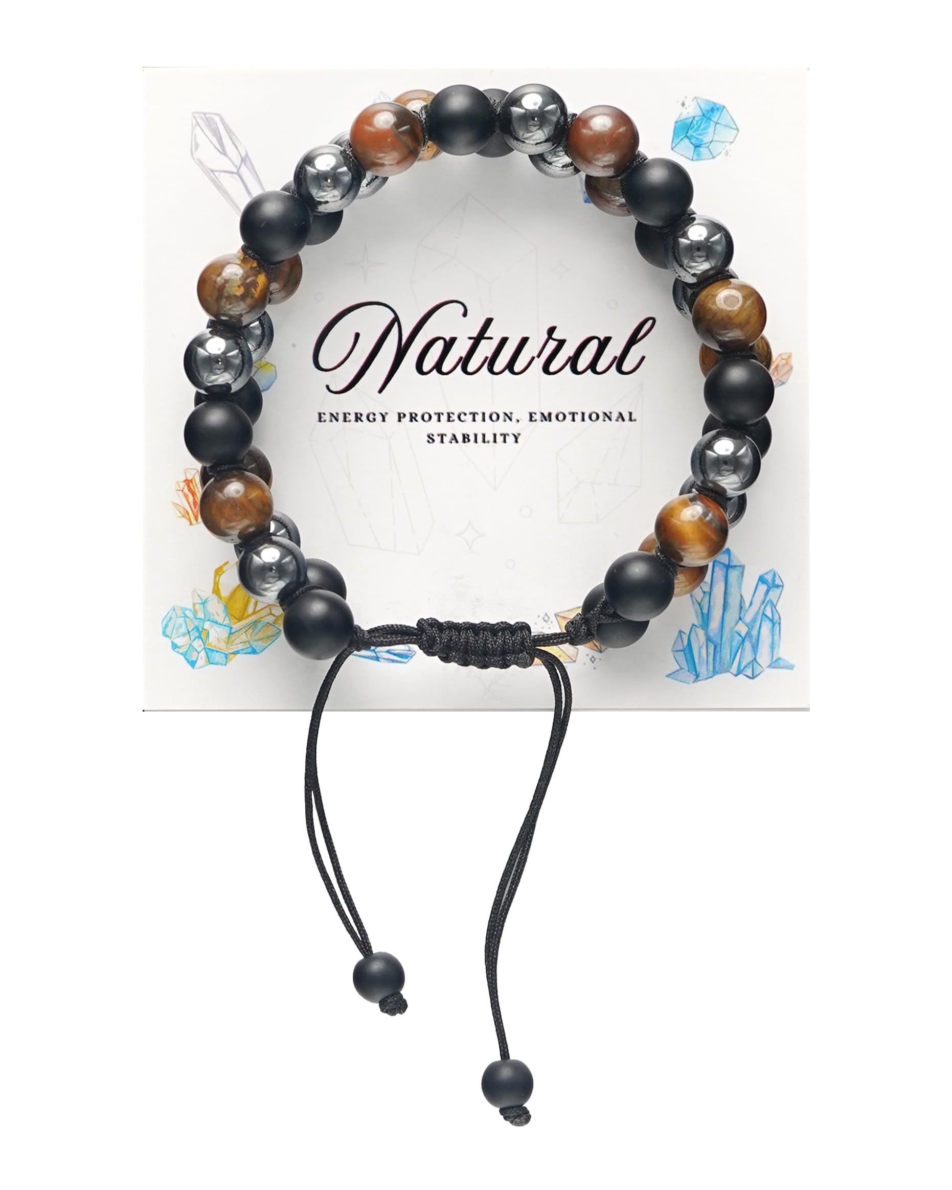 Triple Protection Energy Bracelet, Healing Crystals for Negative Energy Protection, Unisex Amulet with Obsidian, Tiger Eye, and Onyx Stones, Spiritual Jewelry for Men and Women, Healing, Manifestation, and Wellness