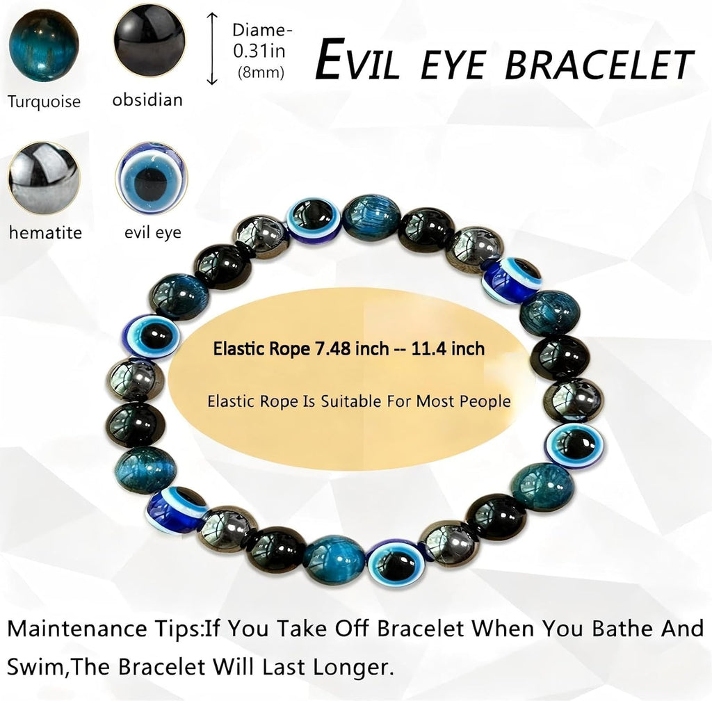 Crystal healing stones, protective eye bracelets, tiger's eye, obsidian, hematite bracelets