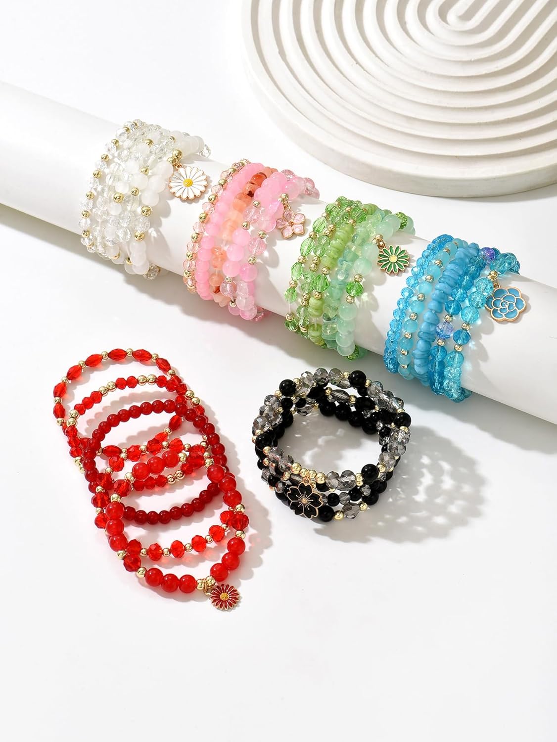 Boho Flower Beaded Bracelet Set for Women - Multilayer Crystal & Flower Charm Stackable Bracelets, Fashion Jewelry Gift for Her