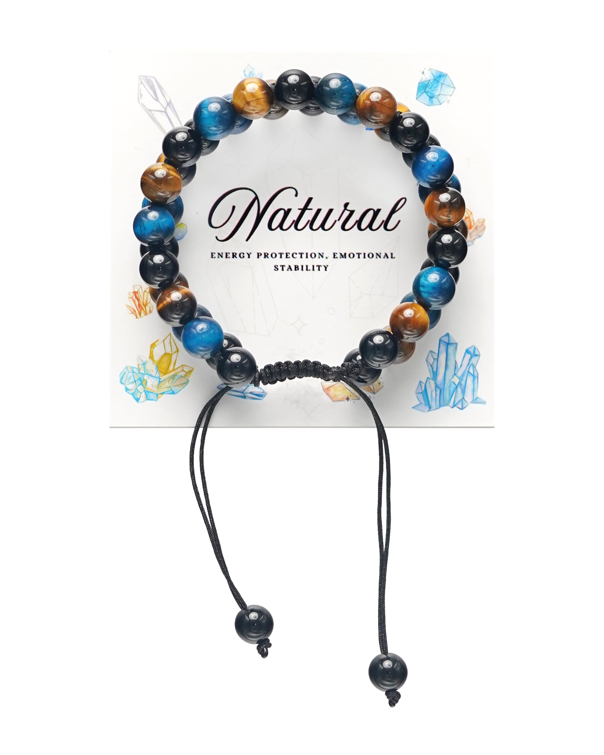 Triple Protection Energy Bracelet, Healing Crystals for Negative Energy Protection, Unisex Amulet with Obsidian, Tiger Eye, and Onyx Stones, Spiritual Jewelry for Men and Women, Healing, Manifestation, and Wellness