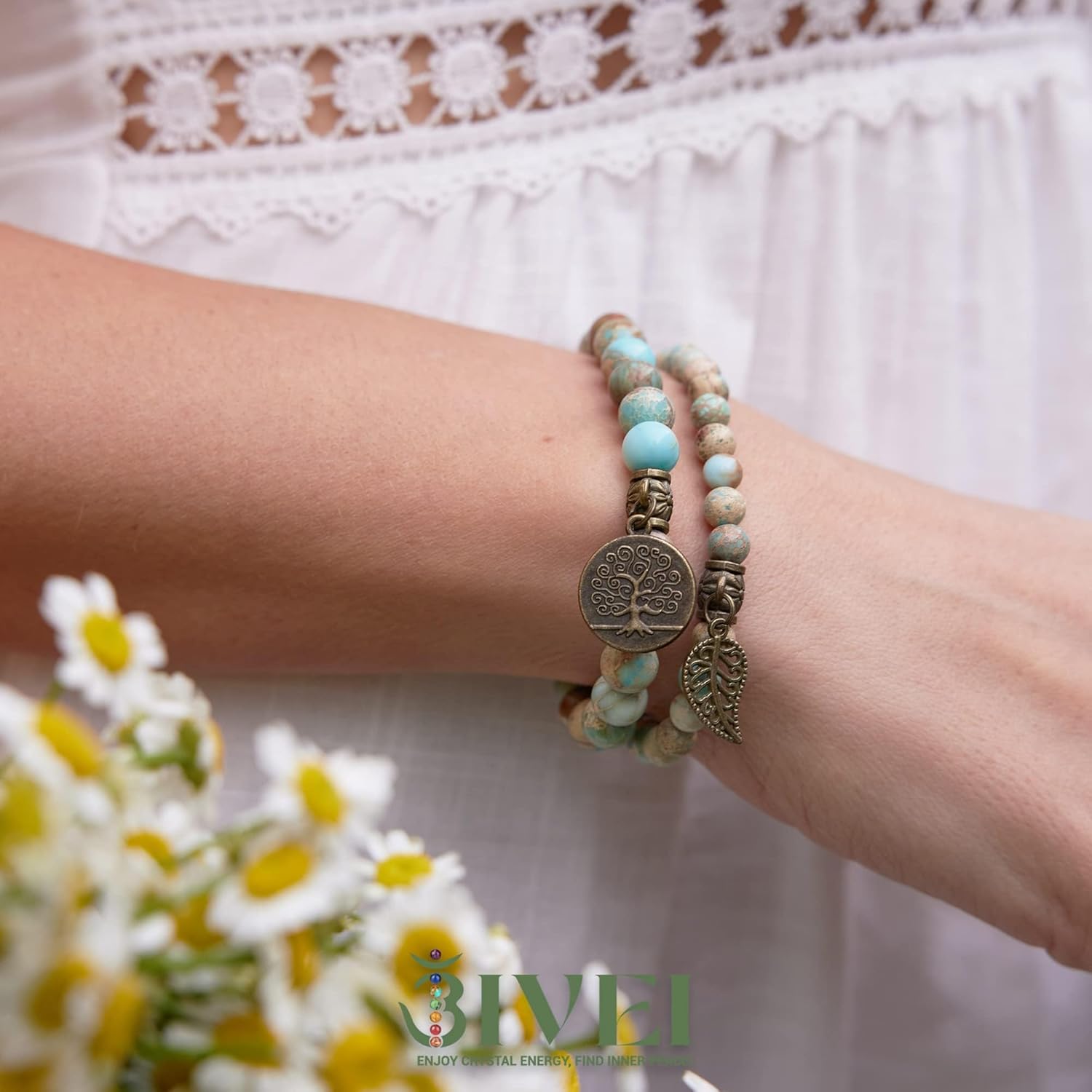 Natural Semi-Precious Stone Bead Bracelet — Tree of Life and Leaf Charm Energy and Reiki Crystal Stretch Bracelet