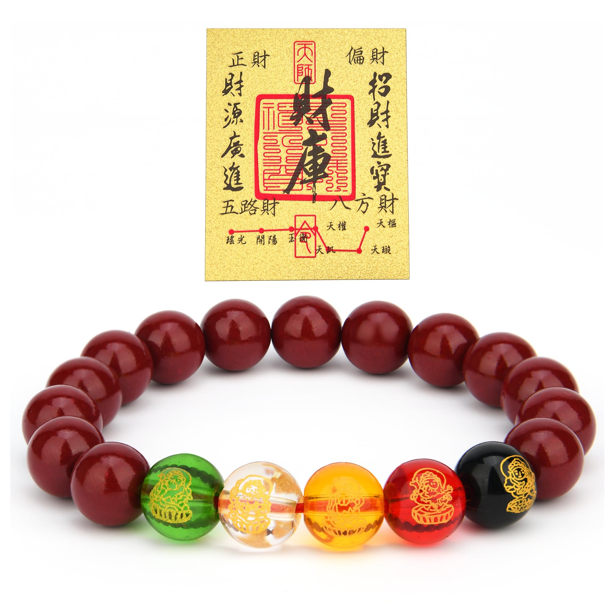 LINGYUAN Feng Shui Wealth and Luck Bracelet with Gold Foil Five Gods Amulet-Red Agate Cinnabar Gemstone Bracelet for Prosperity, Protection & Success, Lucky Charm Gift for Men & Women
