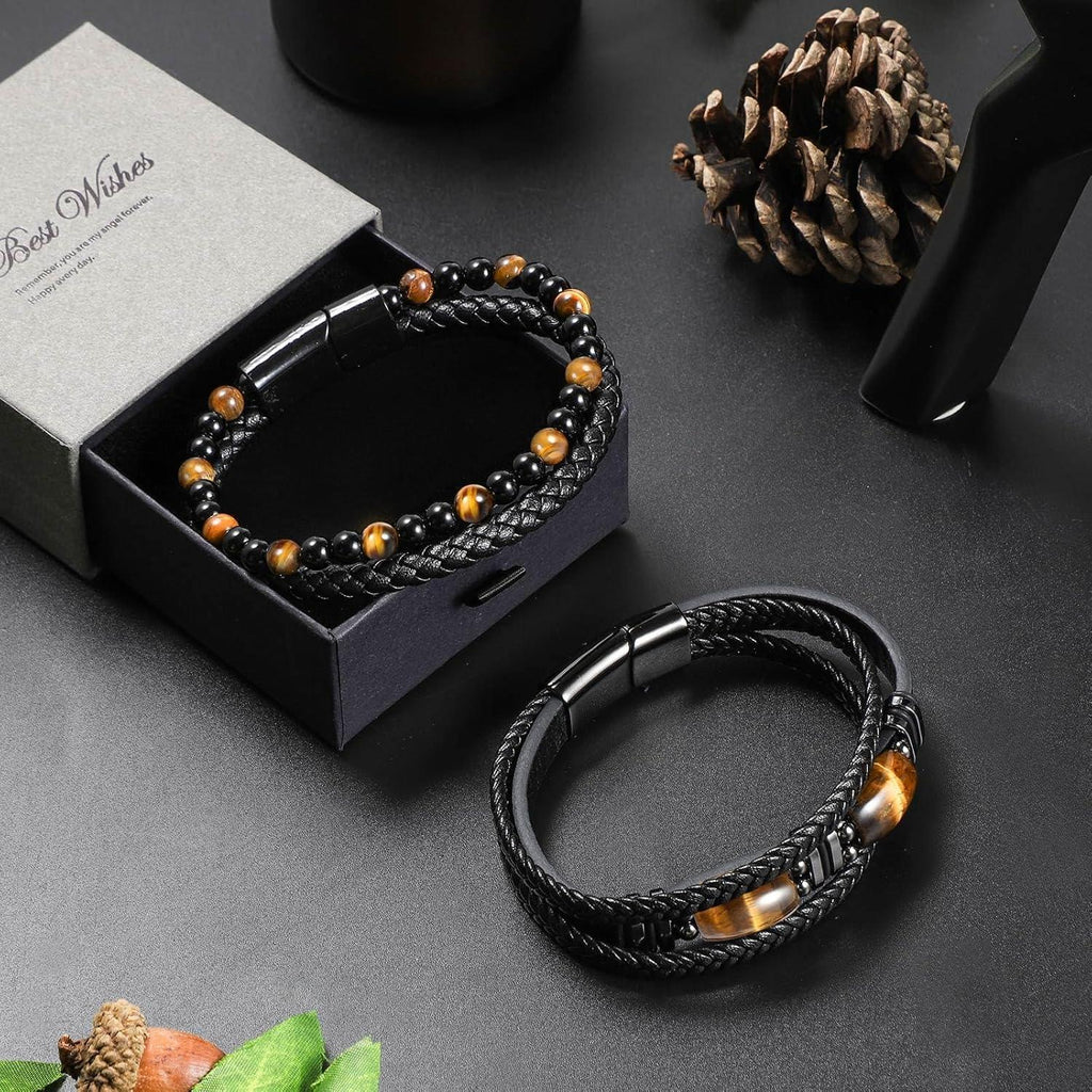 Tiger Eye Black Leather Bracelet Men Natural Tiger Eye Gemstone Crystal Stone Jewelry Handmade Courage And Stress Relief Protection Bracelet