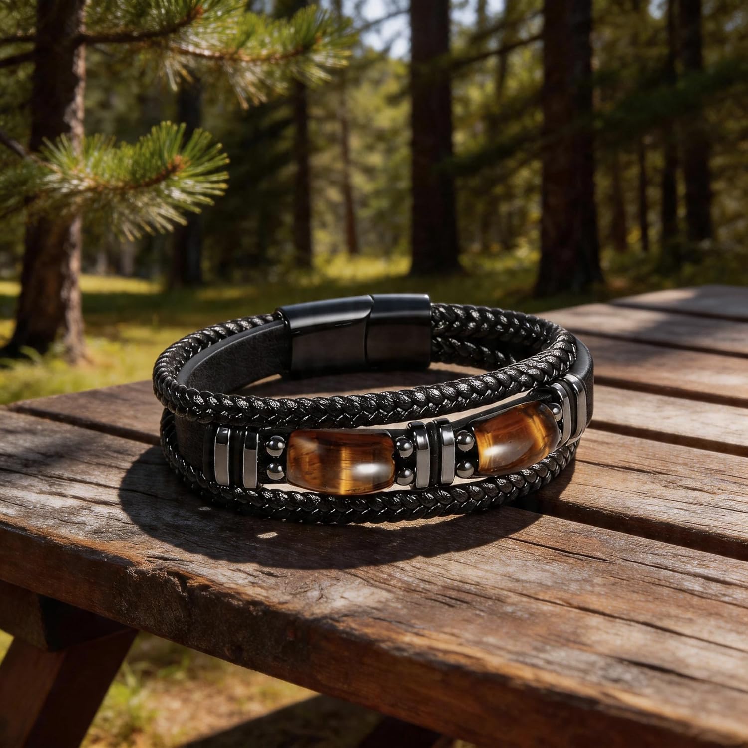 Tiger Eye Black Leather Bracelet Men Natural Tiger Eye Gemstone Crystal Stone Jewelry Handmade Courage And Stress Relief Protection Bracelet
