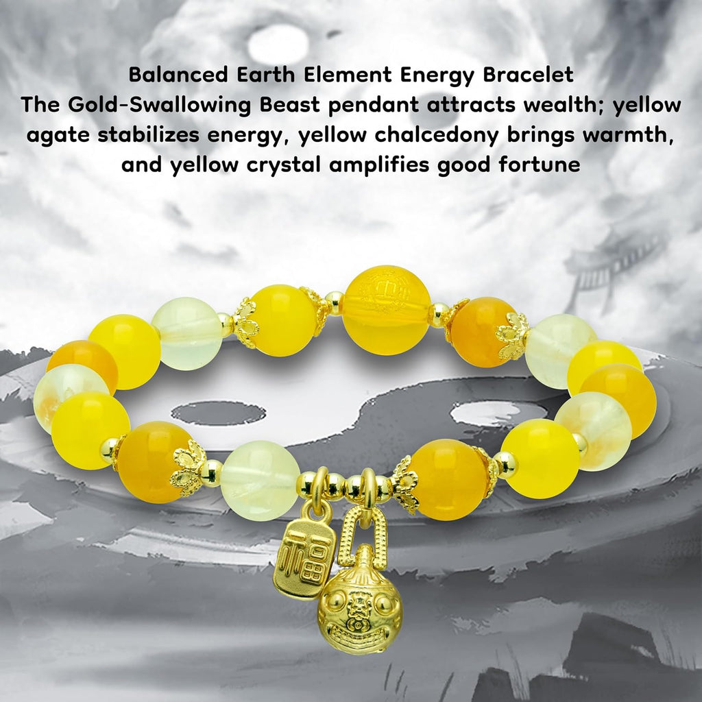 Feng Shui Bracelet for Women – Crystal Beaded Energy Bracelet with Imperial Palace-Style Gold-Swallowing Beast, Good Luck, Wealth & Positive Energy