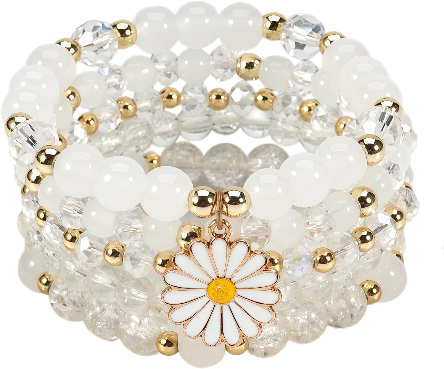 Boho Flower Beaded Bracelet Set for Women - Multilayer Crystal & Flower Charm Stackable Bracelets, Fashion Jewelry Gift for Her
