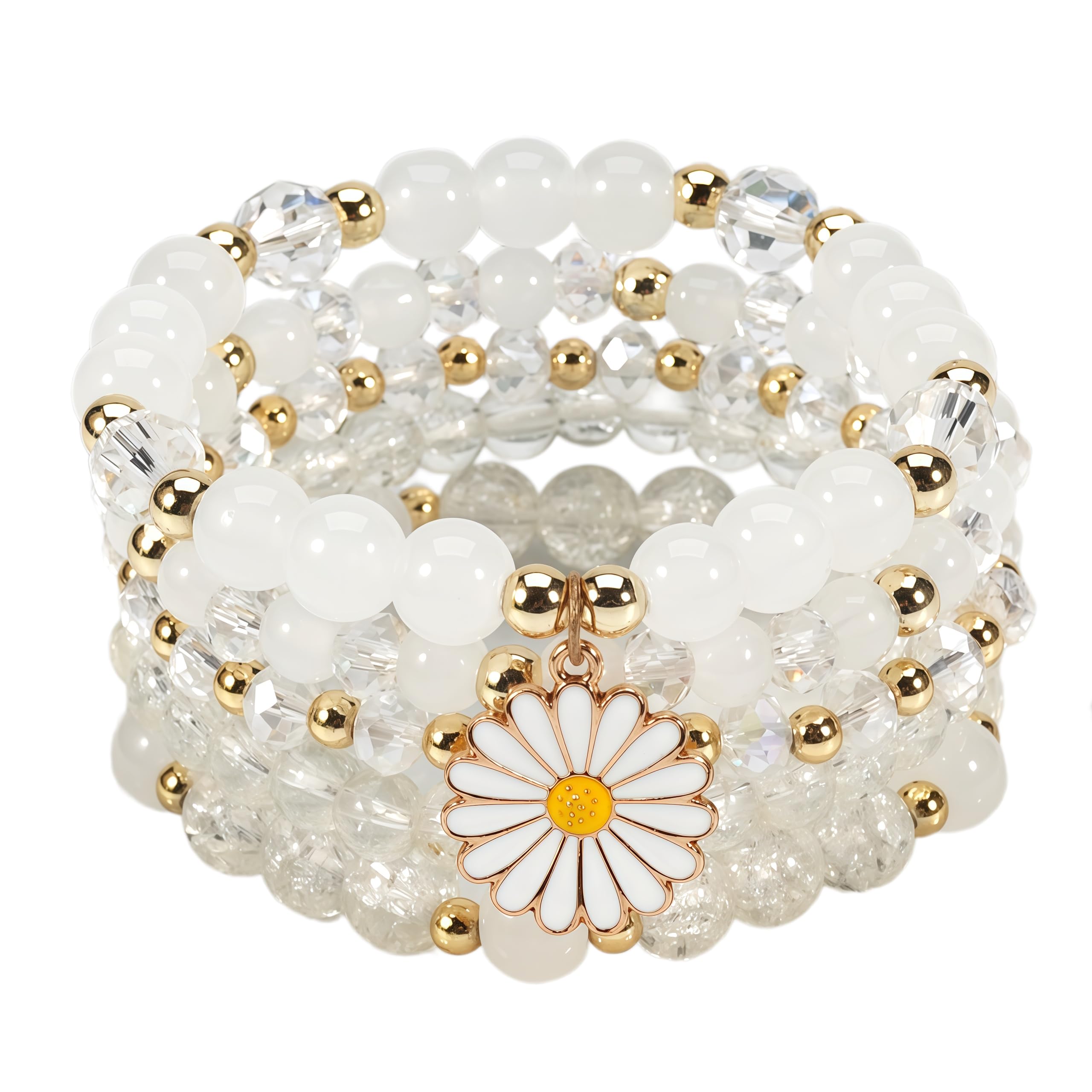 Boho Flower Beaded Bracelet Set for Women - Multilayer Crystal & Flower Charm Stackable Bracelets, Fashion Jewelry Gift for Her