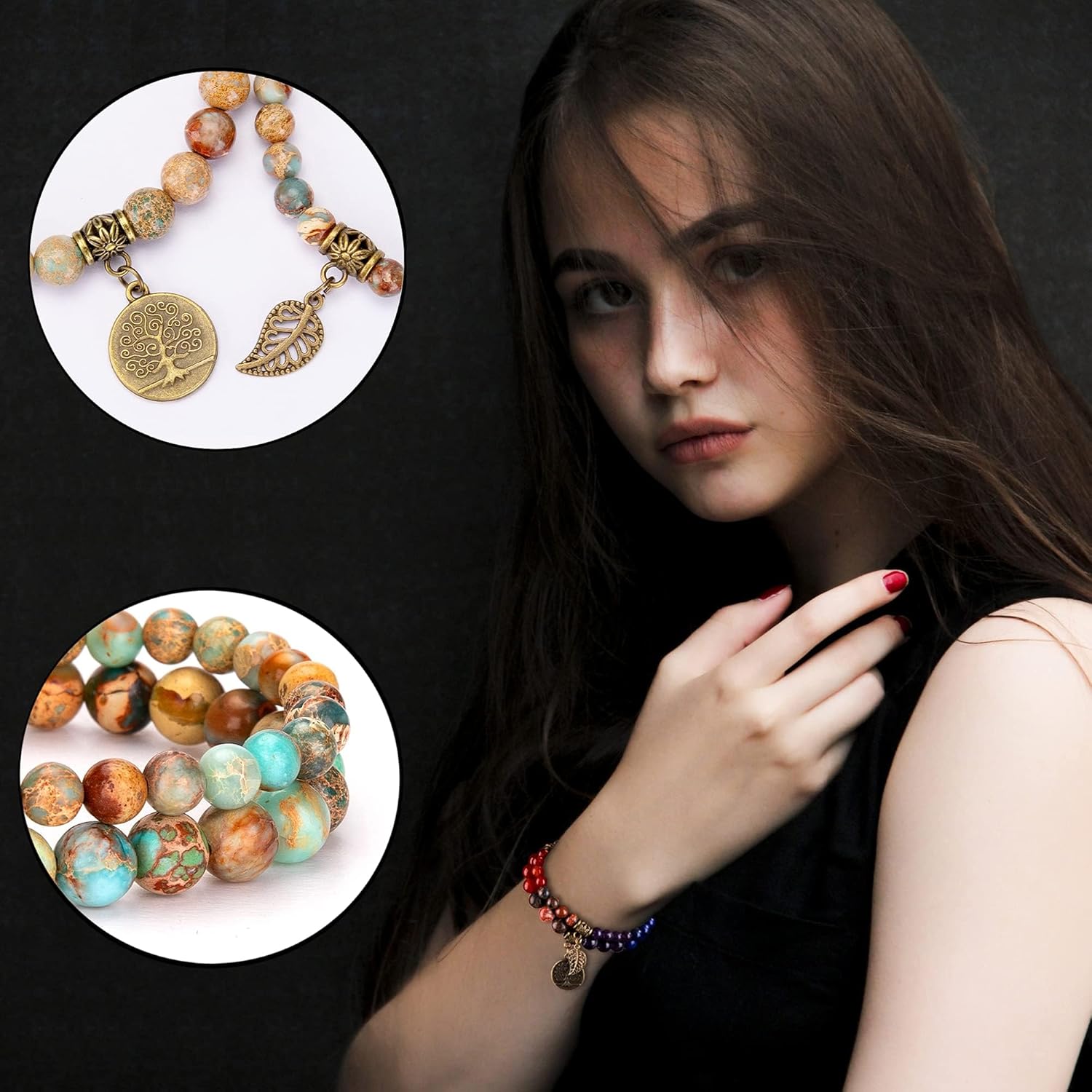 Natural Semi-Precious Stone Bead Bracelet — Tree of Life and Leaf Charm Energy and Reiki Crystal Stretch Bracelet