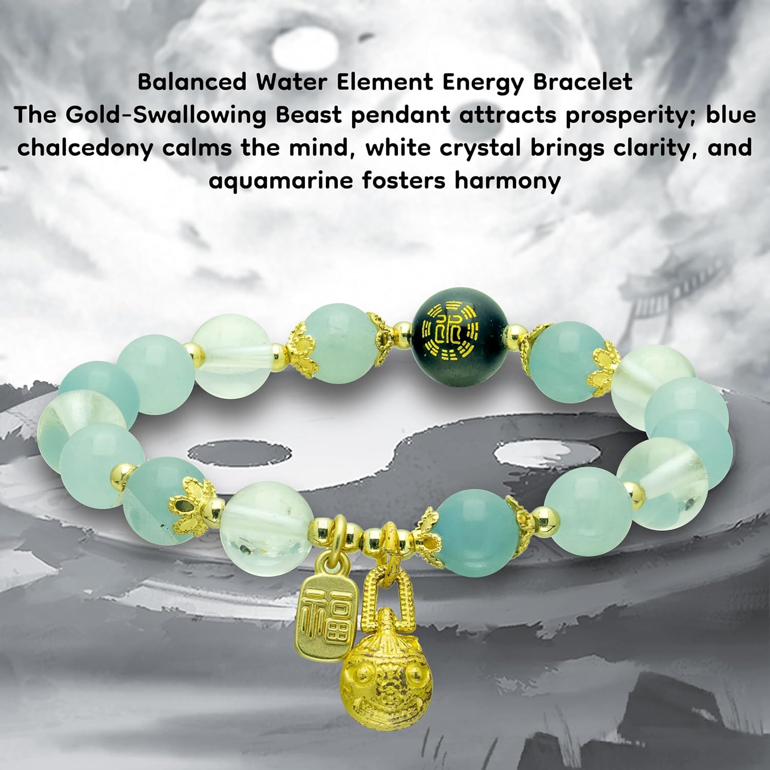 Five Elements Feng Shui Bracelet for Women – Crystal Beaded Energy Bracelet with Imperial Palace-Style Gold-Swallowing Beast, Good Luck, Wealth & Positive Energy