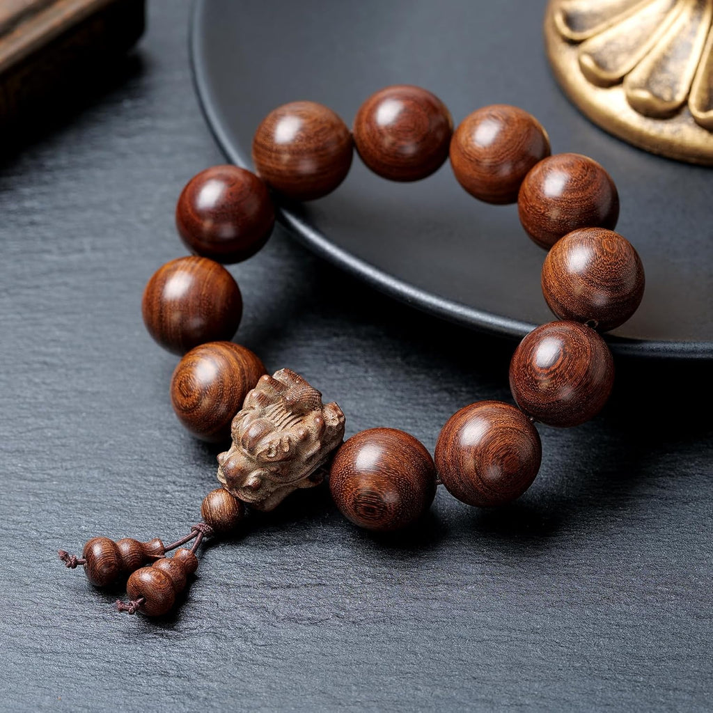A 20-millimeter-diameter bracelet made of 12 hand-carved wooden beads, adorned with a carved dragon design