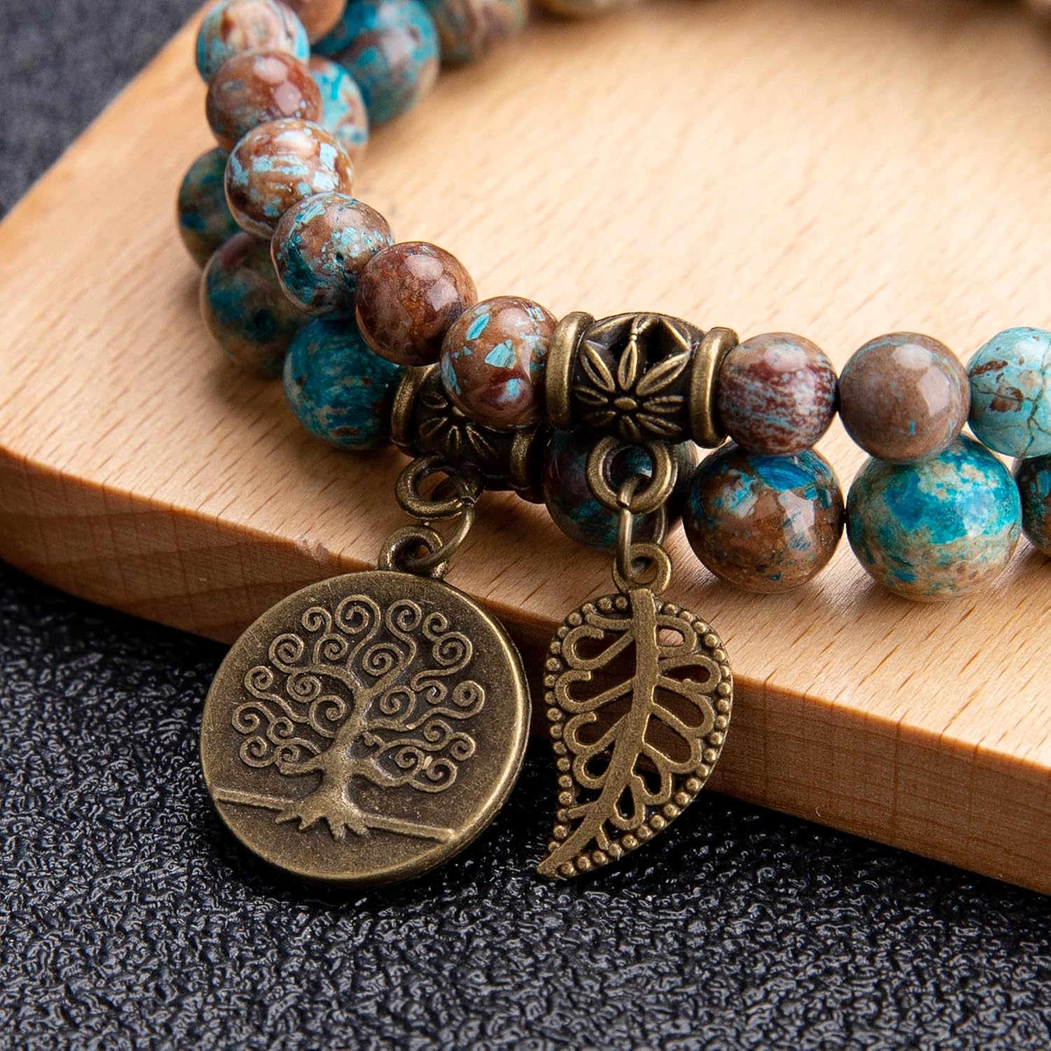 Natural Semi-Precious Stone Bead Bracelet — Tree of Life and Leaf Charm Energy and Reiki Crystal Stretch Bracelet